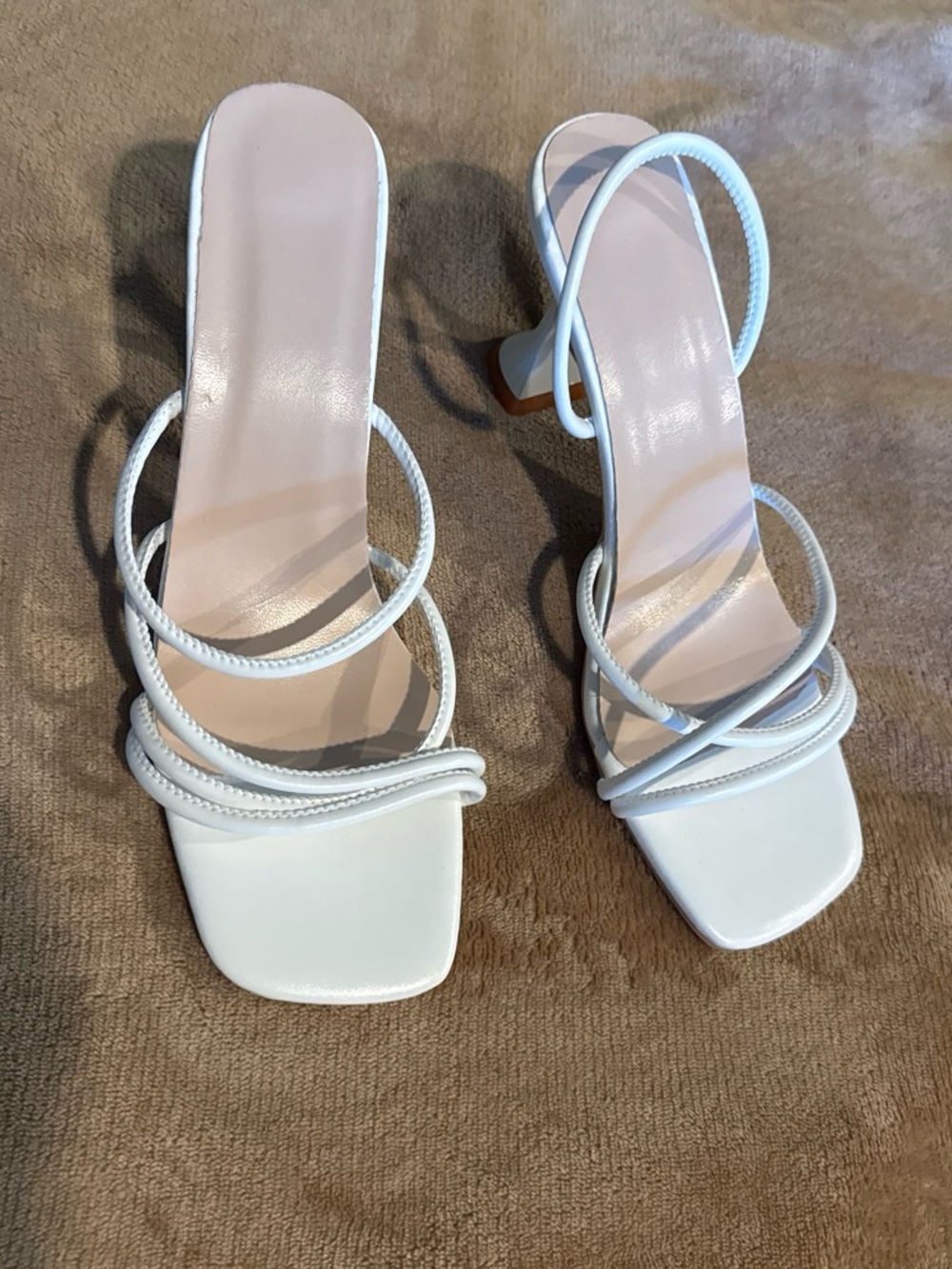Women's White Strappy Square-Toe Heeled Sandals